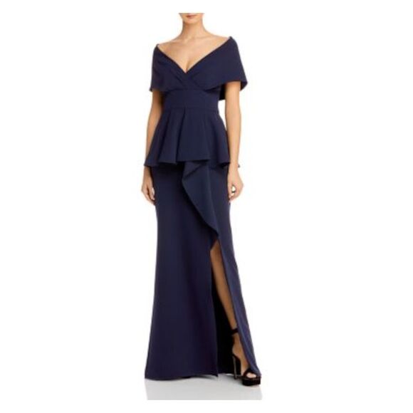 AIDAN MATTOX Womens Navy Shawl Neckline Peplum Waist Slit Formal Dress 0
